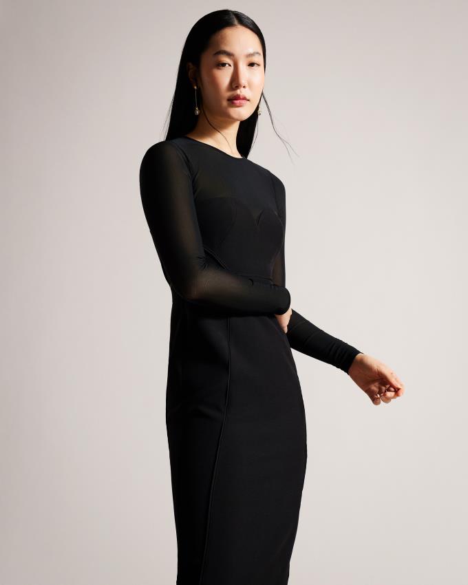 Peignoir Ted Baker Bodycon Midi With Sheer Sleeves Noir Femme | KNN-54553200